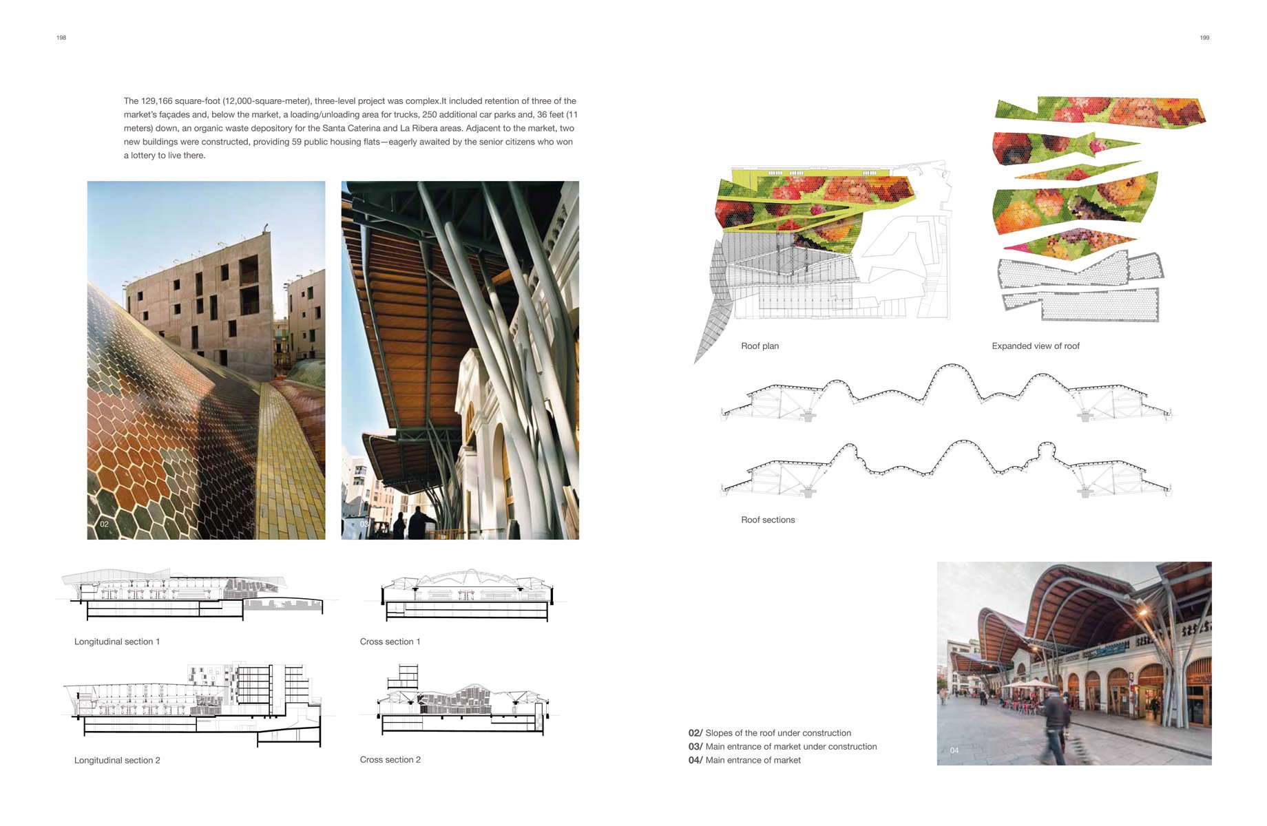 Modern wood roof market structure, flower market below with customers, Contemporary Market Architecture Planning and Design in white font above