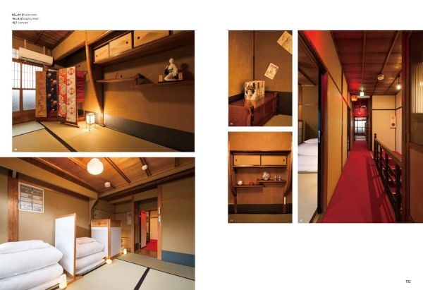 Book cover of Minshuku: Japanese-Style Guesthouses, featuring a minimalist wood interior, with low seats at table, and a Japanese screen. Published by Images Publishing.