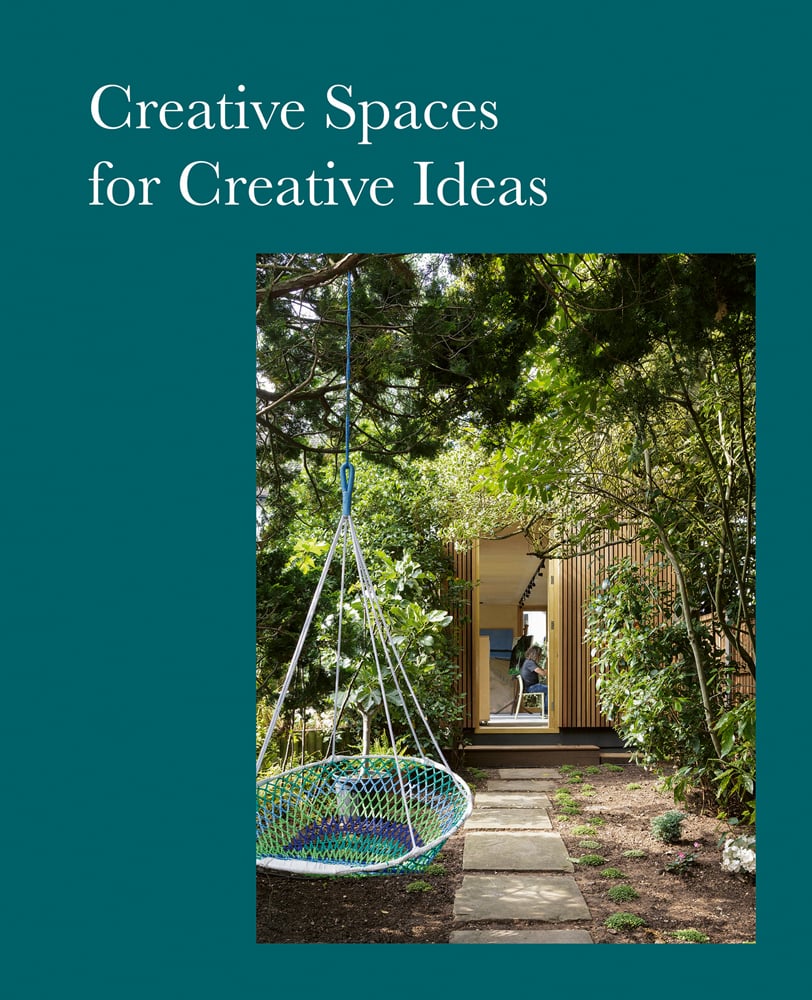 Artist sitting in wood studio, tree hammock in foreground, on green cover, Creative Spaces for Creative Ideas in white font above.