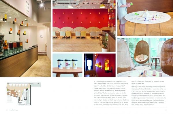 Book cover of Teatime: Fashionable New Tea Shops, featuring a tea shop interior with tropical green wallpaper. Published by Images Publishing.