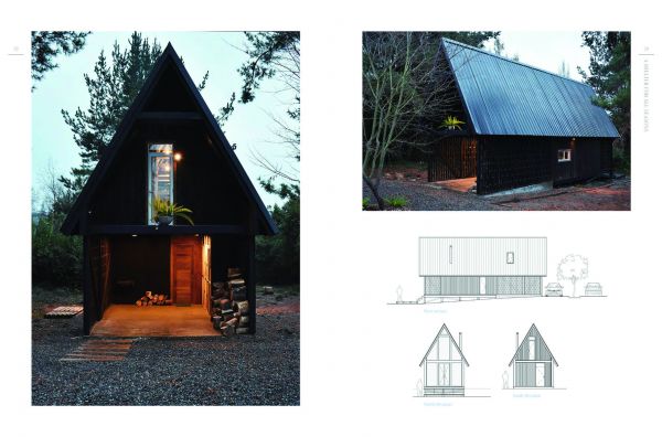 Book cover of Cabins: Escape to Nature, with modern cabin in a forest, with interior lights on. Published by Images Publishing.