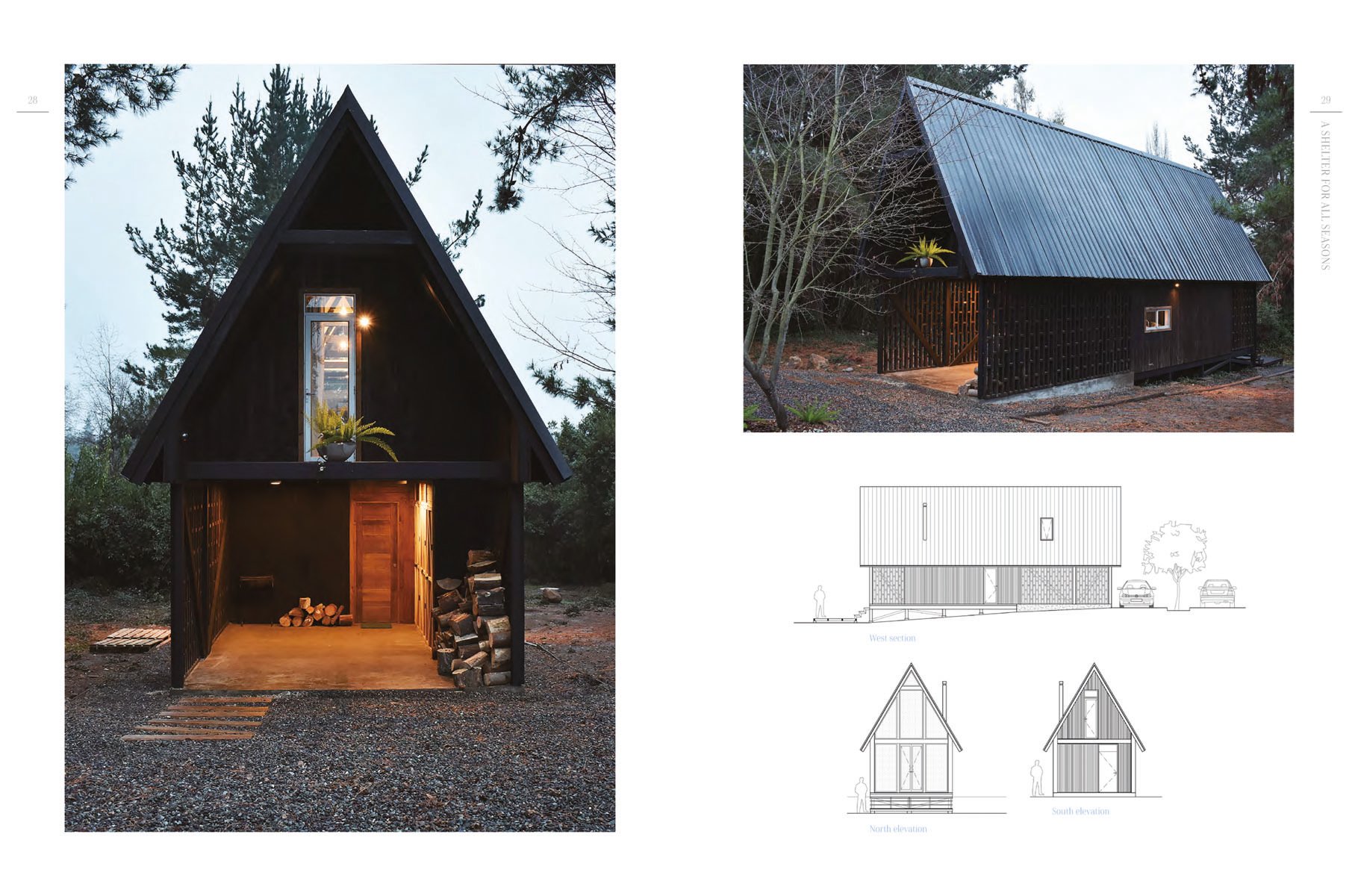 Modern cabin, with interior lights on, in forest at dusk, Cabins in white font to upper left.