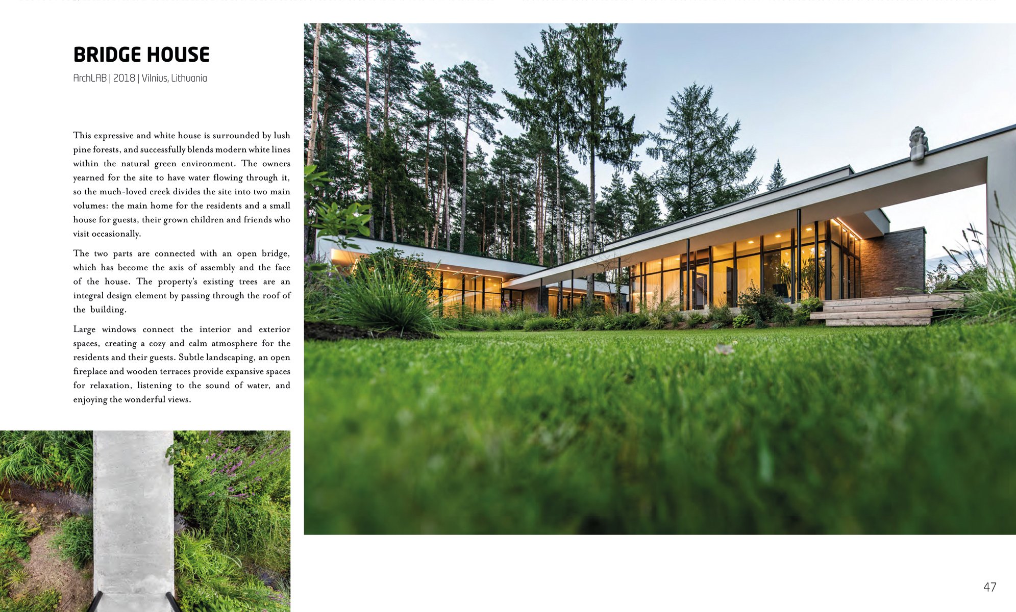 Interior space with wood slated panels revealing exterior landscape, 100 Houses NATURE AND NURTURE in brown font above.