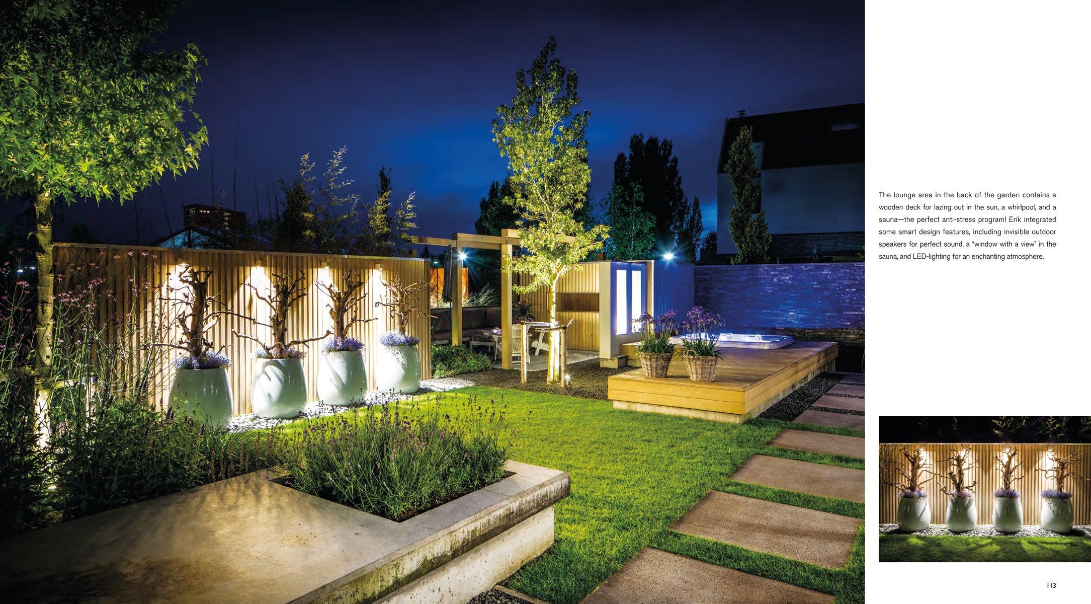 Beautiful lush green landscape garden, paving stones leading to foliage covered arch, PRIVATE GARDENS in white font above.