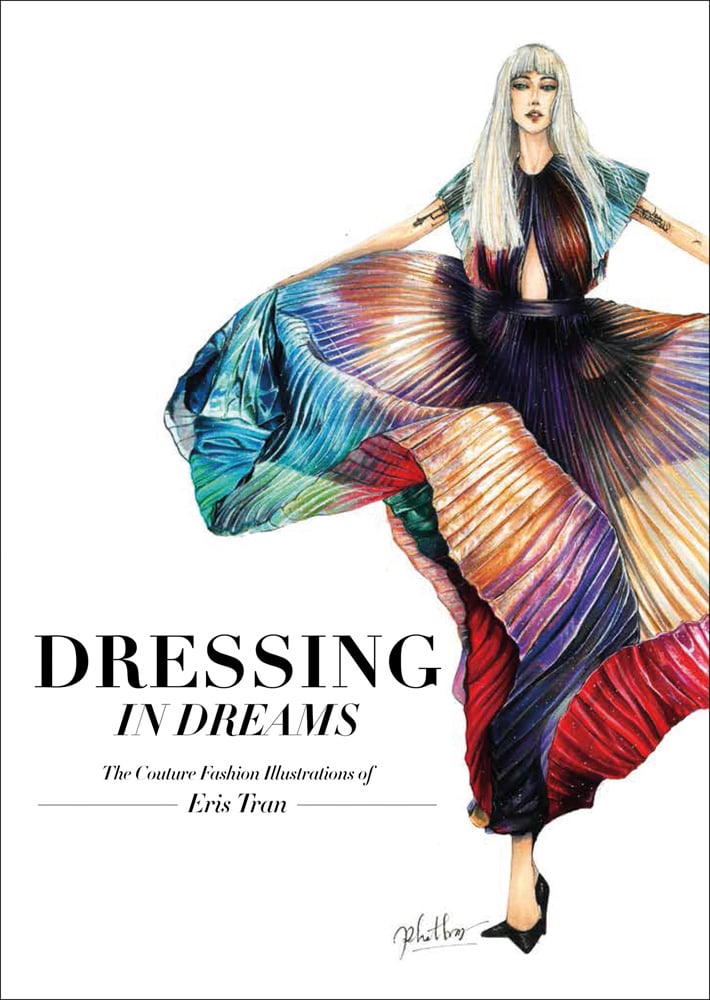 Fashion model in long pleated rainbow dress, on white cover, Dressing in Dreams in black font to lower left