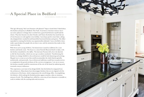 Book cover of Classic Kitchens for Modern Living, with a kitchen interior with blue fittings, a wooden table, and a copper pan on oven. Published by Images Publishing.