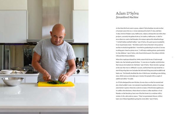 Book cover of Chefs' Kitchens, Inside the Homes of Australia's Culinary Connoisseurs, featuring a white interior kitchen with marble worktop, and knife block. Published by Images Publishing.
