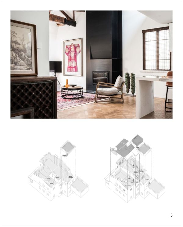 Book cover of Residences Reimagined: Successful Renovation and Expansion of Old Homes, featuring an interior room with exposed brickwork, beamed ceiling, and an armchair on white tiled floor. Published by Images Publishing.