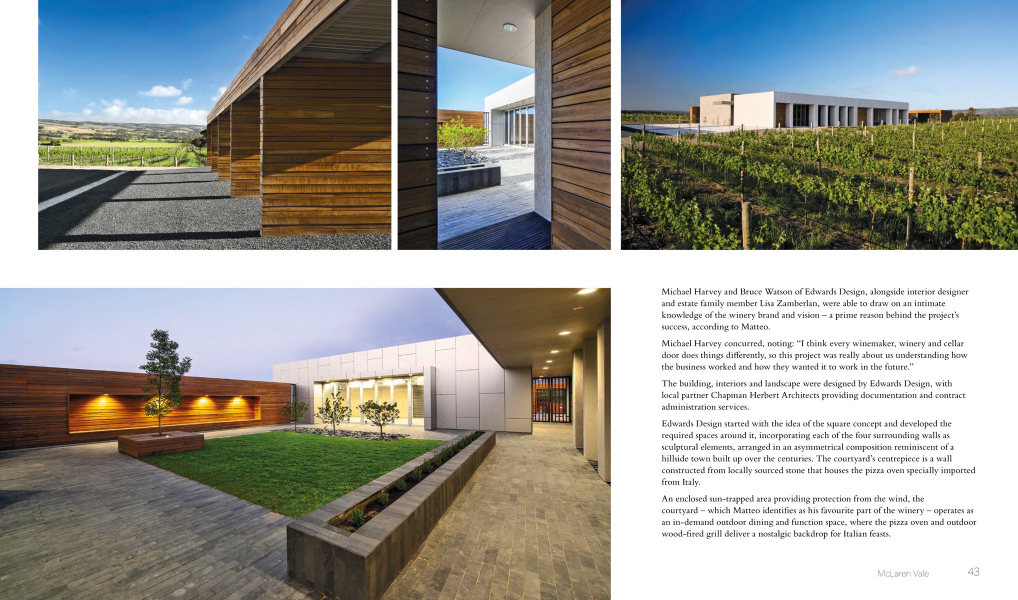 Outdoor view of modern architectural winery with vineyards in the distance and Through the Cellar Door in fine black font above