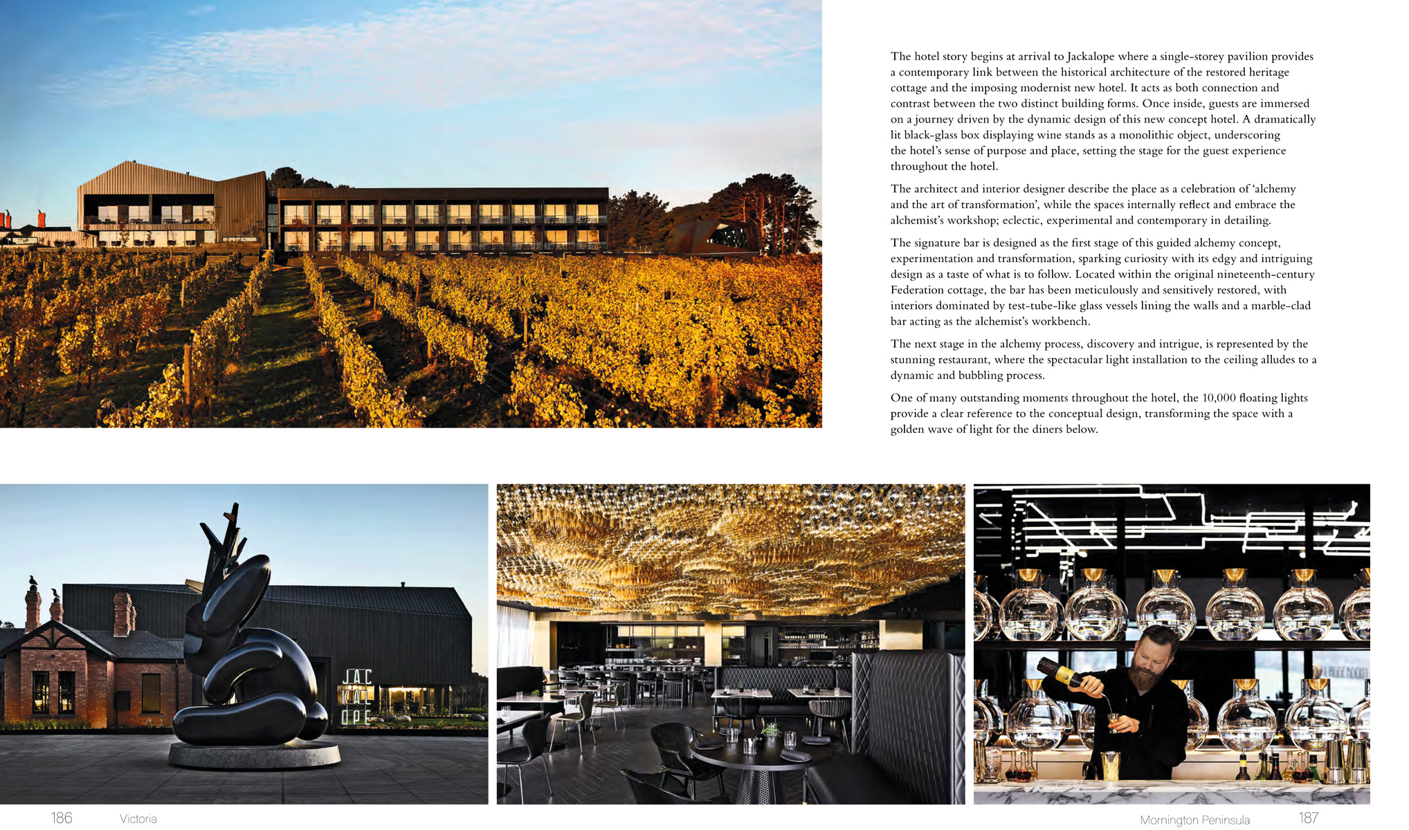 Outdoor view of modern architectural winery with vineyards in the distance and Through the Cellar Door in fine black font above