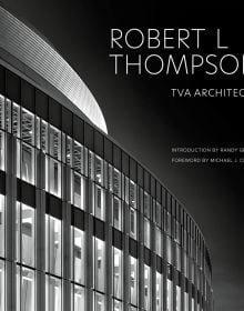 Modern architecture structure with black faded sky above, ROBERT L THOMPSON TVA ARCHITECTS in white font above.