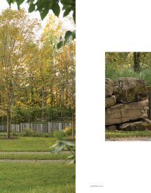 Landscaped garden with topiary hedge and sculpture of face, INTERSECTION OF NATURE AND ART, in small white font above centre cover.