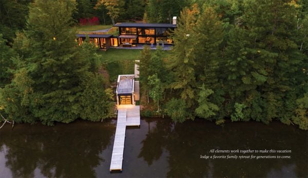 Book cover of Beautiful Houses by the Water: Living at the Water's Edge, featuring a pianist playing piano in living room interior with large windows, overlooking pond with fountain. Published by Images Publishing.