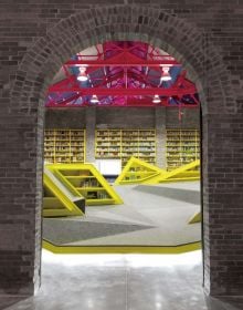 Book cover of Contemporary Creative Spaces for Children, featuring two boys playing on suspended multicoloured webbing. Published by Images Publishing.