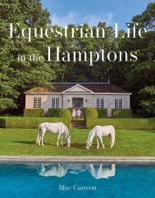Book cover of Equestrian Life in the Hamptons, with two white horses grazing in front of house surrounded by topiary hedges. Published by Images Publishing.