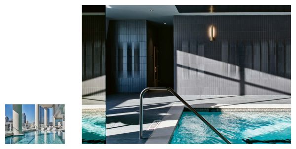 Book cover of Collaborations: A Houston Penthouse, with interior with dining room dinner table in apartment looking out over cityscape. Published by Images Publishing.