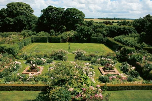 Book cover of Gertrude Jekyll: Her Art Restored at Upton Grey, featuring an aerial view of Arts and Crafts–style Manor house and formal gardens. Published by ACC Art Books.