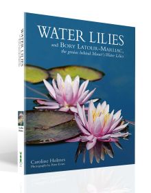 Book cover of Water Lilies: and Bory Latour-Marliac, the Genius Behind Monet's Water Lilies, with two pink lilies floating on blue water with green lily pads. Published by ACC Art Books.