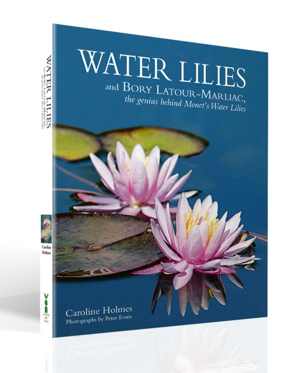 Book cover of Water Lilies: and Bory Latour-Marliac, the Genius Behind Monet's Water Lilies, with two pink lilies floating on blue water with green lily pads. Published by ACC Art Books.