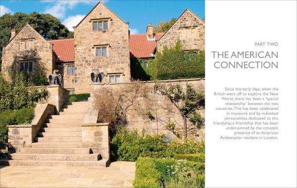 Book cover of American Spirit in the English Garden, featuring an English landscaped garden with mature trees, pink flowers, and stone eagle sculpture. Published by ACC Art Books.