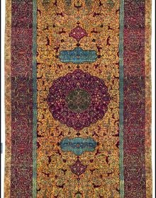 Book cover of The Persian Carpet Tradition, Six Centuries of Design Evolution, with a red and blue medallion design carpet design. Published by Hali Publications.