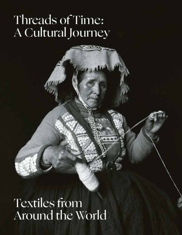 Book cover of Threads of Time, with a native woman weaving. Published by Hali Publications.