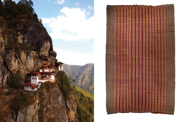 Book cover of Threads of Time, with a native woman weaving. Published by Hali Publications.