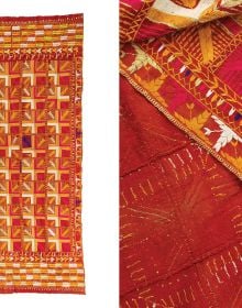 Book cover of Threads of Time, with a native woman weaving. Published by Hali Publications.