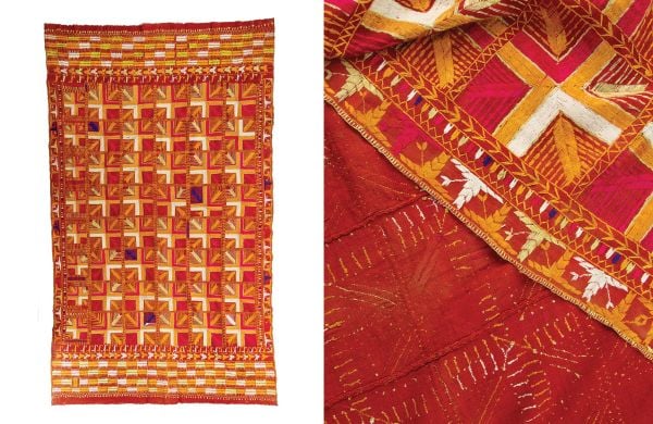 Book cover of Threads of Time, with a native woman weaving. Published by Hali Publications.