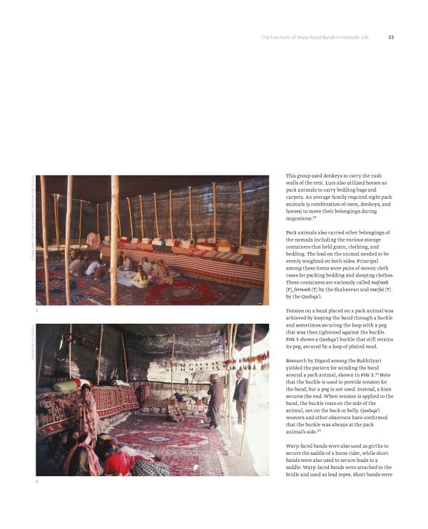 Black woven fabric with red and blue pattern to edges, on cover of 'Weavings of Nomads in Iran, Warp-faced Bands and Related Textiles', by Hali Publications.