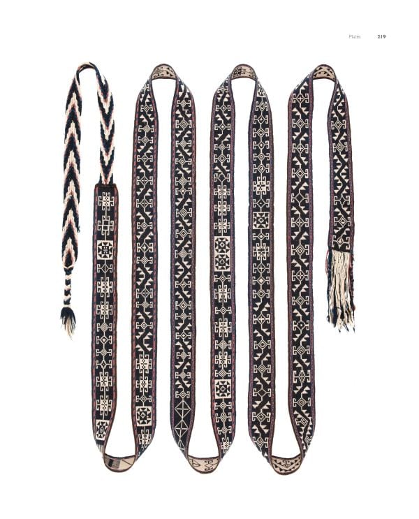 Black woven fabric with red and blue pattern to edges, on cover of 'Weavings of Nomads in Iran, Warp-faced Bands and Related Textiles', by Hali Publications.