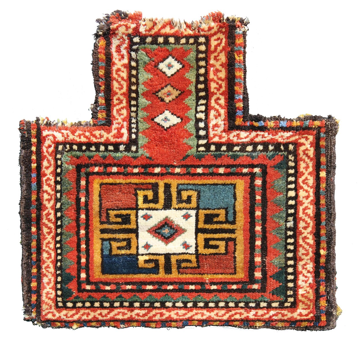Rust orange weaving with 4 animals, 4 diamond shapes and Nomadic Visions Tribal Weavings in pale beige font on bluey-green rounded edge square
