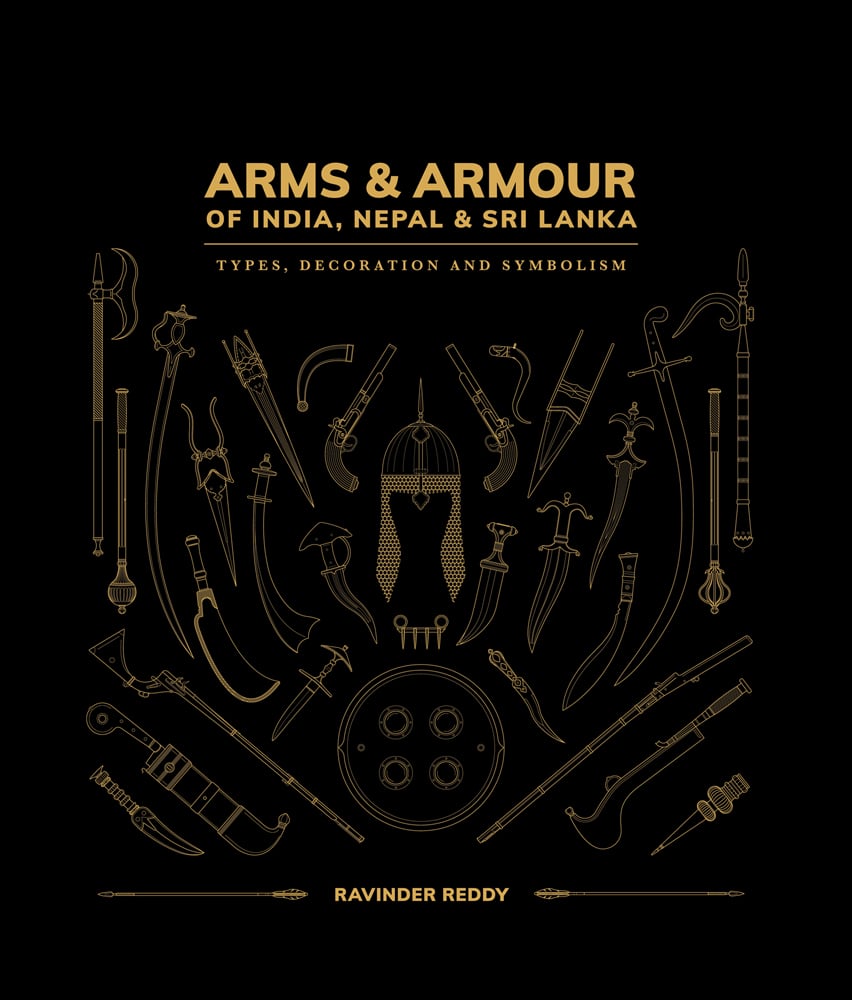 Gold outlines of Indian knives, swords, a shield and helmet, on black cover of 'Arms and Armour Of India, Nepal & Sri Lanka, Types, Decoration and Symbolism, by Hali Publications.
