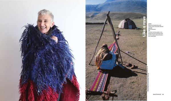 Book cover of Sheila Fruman’s Pull of the Thread, Textile Travels of a Generation, with colorful checked fabric in purple, pink and orange. Published by Hali Publications.