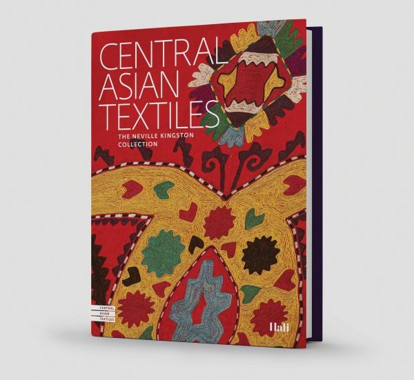Book cover of Central Asian Textiles, The Neville Kingston Collection, featuring a section of brightly colored embroidery. Published by Hali Publications.