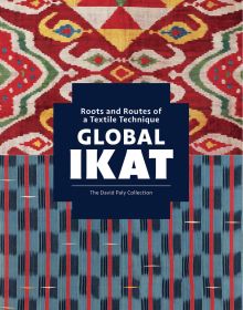 Patterned ikat textile, 'GLOBAL IKAT', in white font on navy banner to centre, by Hali Publications.