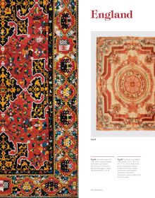 Book cover of Art Underfoot, The Nazmiyal Collection, with interior designer Alexa Hampton's living room project, with red wallpaper, patterned rug, and fireplace. Published by Hali Publications.