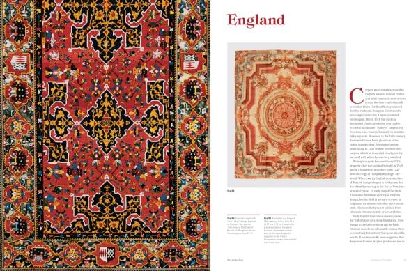 Book cover of Art Underfoot, The Nazmiyal Collection, with interior designer Alexa Hampton's living room project, with red wallpaper, patterned rug, and fireplace. Published by Hali Publications.