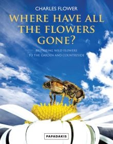 Book cover of Charles Flower's Where Have All the Flowers Gone? Restoring Wild Flowers to the Countryside, with a honey bee sitting on daisy, blue sky behind. Published by Papadakis.