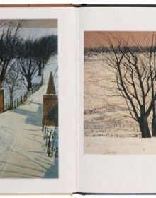 Book cover of Victoria Crowe's Shepherd's Life: Paintings of Jenny Armstrong, with a painting of a shepherdess walking through a snow-covered field. Published by National Galleries of Scotland.