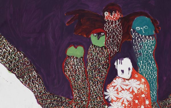 Book cover of Portia Zvavahera: Zvakazarurwa, with three figures surrounded by a purple landscape. Published by Kettle's Yard, University of Cambridge.