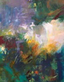 Book cover of Megan Rooney: Echoes and Hours, with a abstract painting in blues, yellow and red. Published by Kettle's Yard, University of Cambridge.