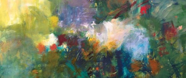 Book cover of Megan Rooney: Echoes and Hours, with a abstract painting in blues, yellow and red. Published by Kettle's Yard, University of Cambridge.