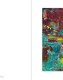 Book cover of Megan Rooney: Echoes and Hours, with a abstract painting in blues, yellow and red. Published by Kettle's Yard, University of Cambridge.
