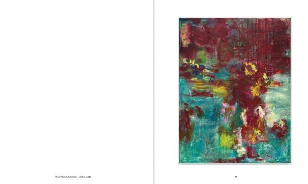 Book cover of Megan Rooney: Echoes and Hours, with a abstract painting in blues, yellow and red. Published by Kettle's Yard, University of Cambridge.