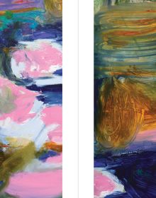 Book cover of Megan Rooney: Echoes and Hours, with a abstract painting in blues, yellow and red. Published by Kettle's Yard, University of Cambridge.