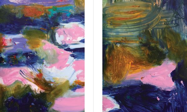 Book cover of Megan Rooney: Echoes and Hours, with a abstract painting in blues, yellow and red. Published by Kettle's Yard, University of Cambridge.