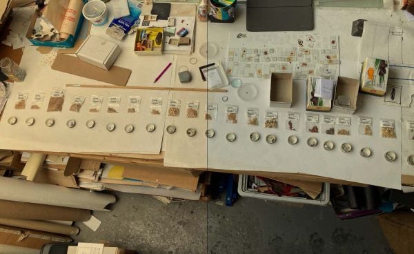 Red cover of exhibition catalogue on Issam Kourbaj, with three black home office stamps. Published by Kettle's Yard, University of Cambridge.