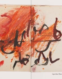 Red cover of exhibition catalogue on Issam Kourbaj, with three black home office stamps. Published by Kettle's Yard, University of Cambridge.