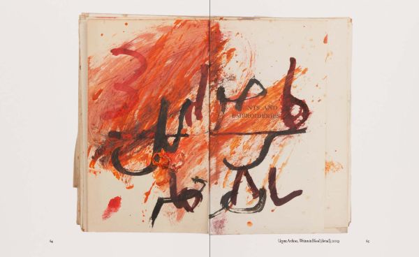 Red cover of exhibition catalogue on Issam Kourbaj, with three black home office stamps. Published by Kettle's Yard, University of Cambridge.